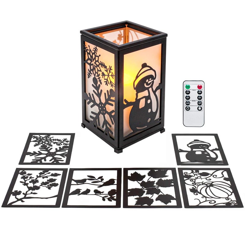 GiveU Decorative Led Candle Lantern with Timer Rustic Candle Lantern with Twelve Magnetic Seasonal Themed Panels ,5 x 5 x 8.5" Black - Image 1